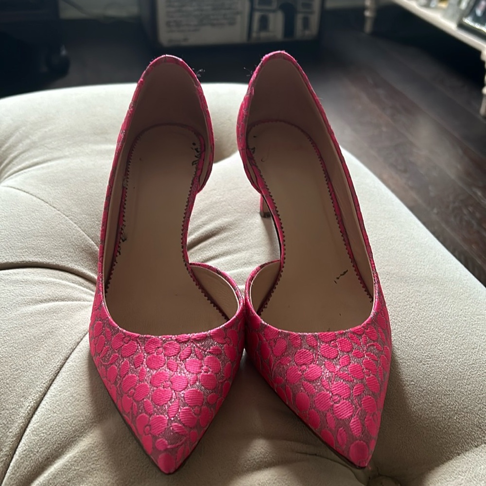 JCrew Colette D’Orsay Heels in Magenta Floral Jacquard 7.5